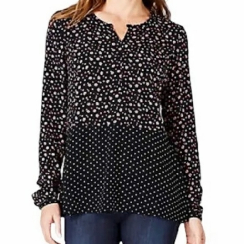 J Jill Mixed Media  Black Daisies & Dots Blouse Pink White Black Size M